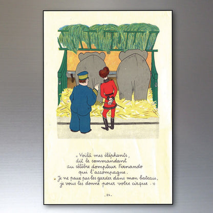 Set of 8 vintage Babar the Elephant fridge magnets featuring French book illustrations, ideal for retro kitchen decor.