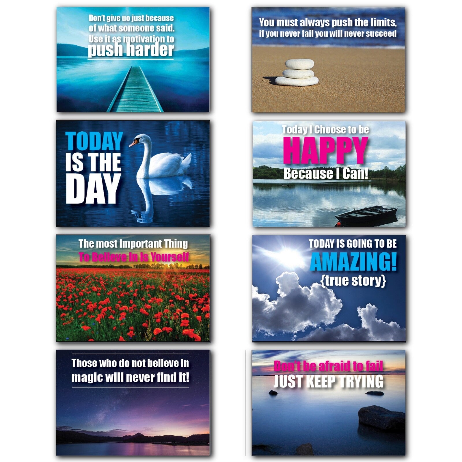 Set of 8 motivational and inspirational quote fridge magnets with colorful designs, perfect for uplifting home decor.