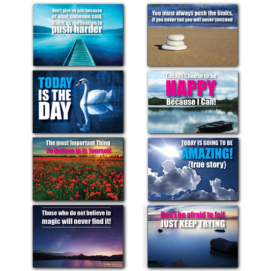 Set of 8 motivational and inspirational quote fridge magnets with colorful designs, perfect for uplifting home decor.