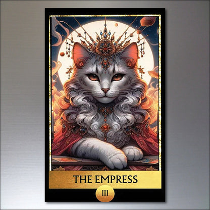 Set of 8 vintage tarot cat retro fridge magnets featuring mystical cat art, perfect for decorating refrigerators with unique feline charm.