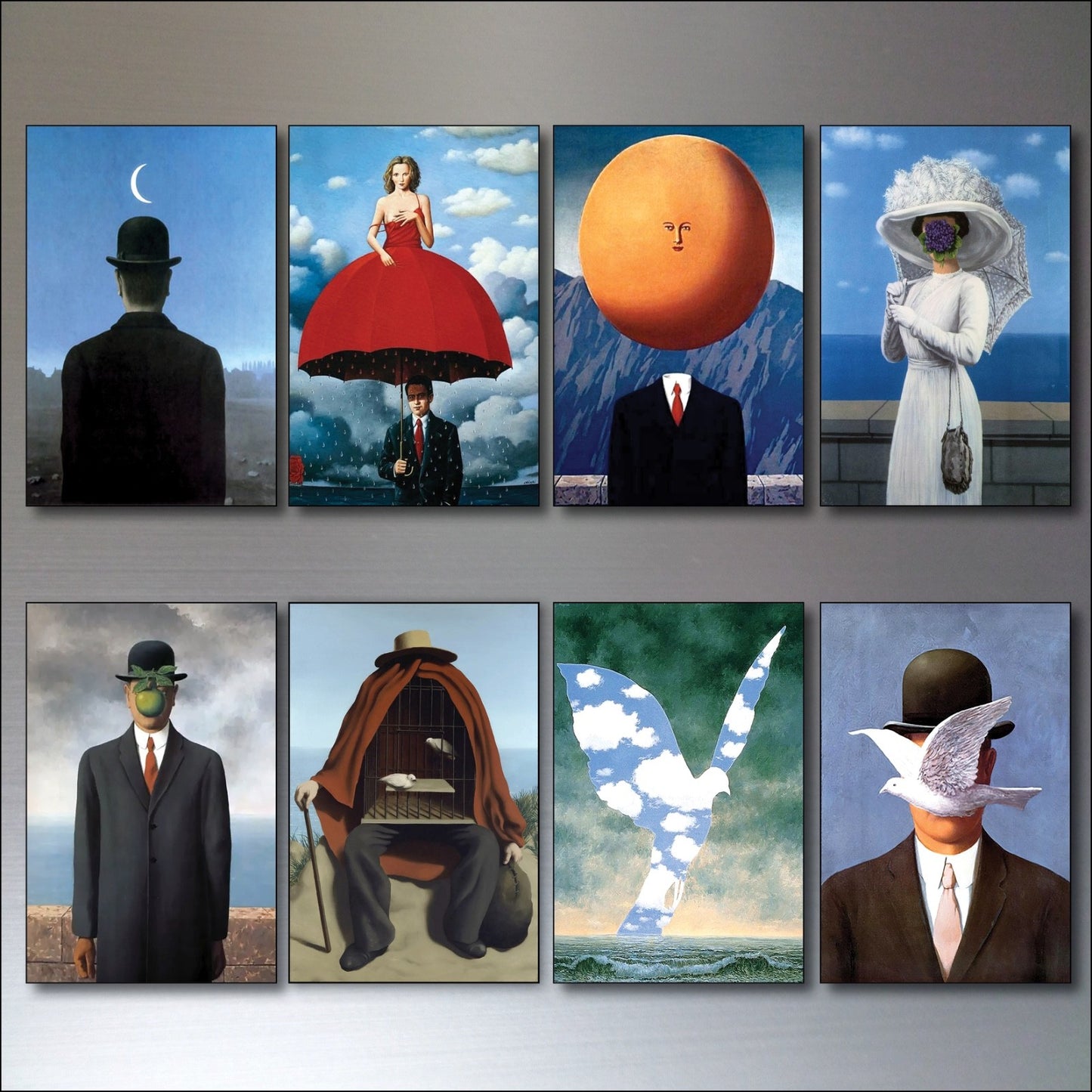 Set of 8 vintage fridge magnets featuring René Magritte surrealism paintings, perfect for artistic kitchen decor by surralalist.
