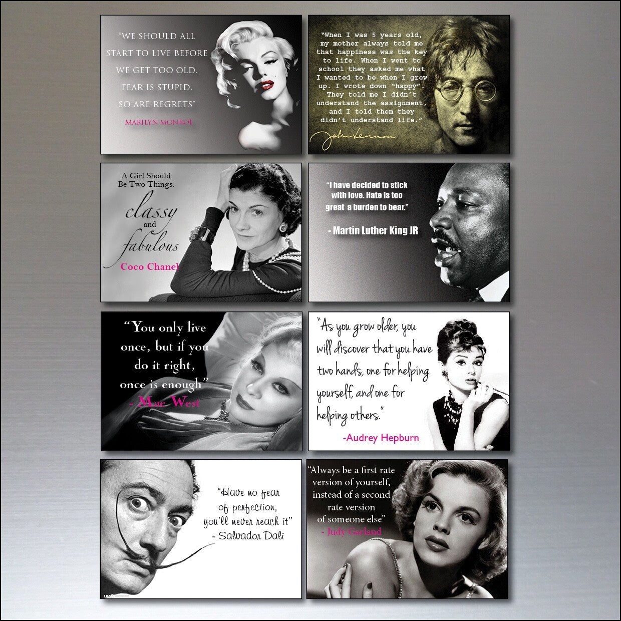 Set of 8 vintage fridge magnets featuring inspirational quotes and celebrity images, unbranded decorative refrigerator magnets.