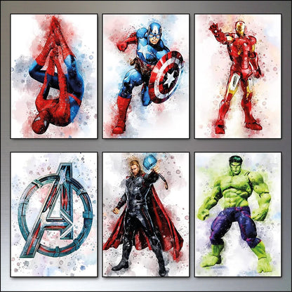 Set of six vintage superhero and villain fridge magnets featuring colorful comic-style characters by Super Hero brand.
