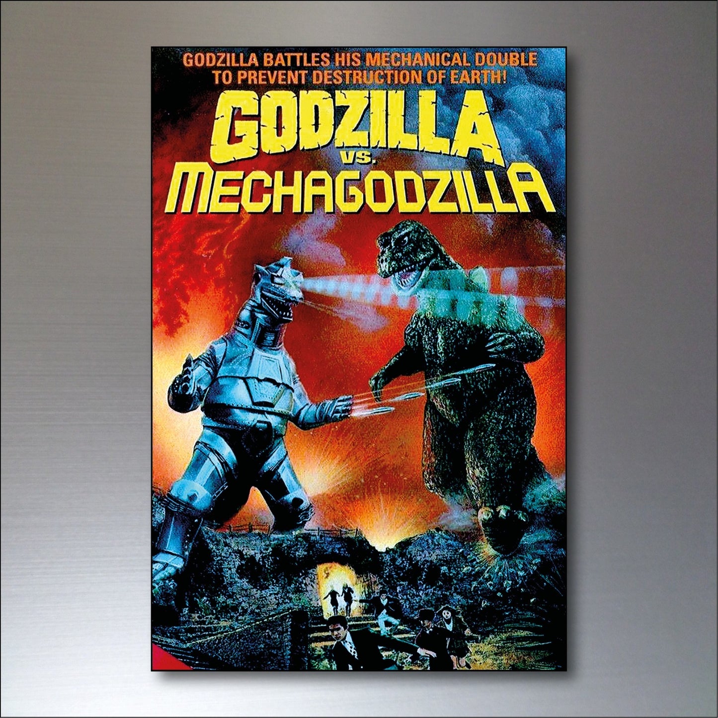 Set of 8 vintage Godzilla film poster fridge magnets featuring colorful images of classic monster scenes and characters.