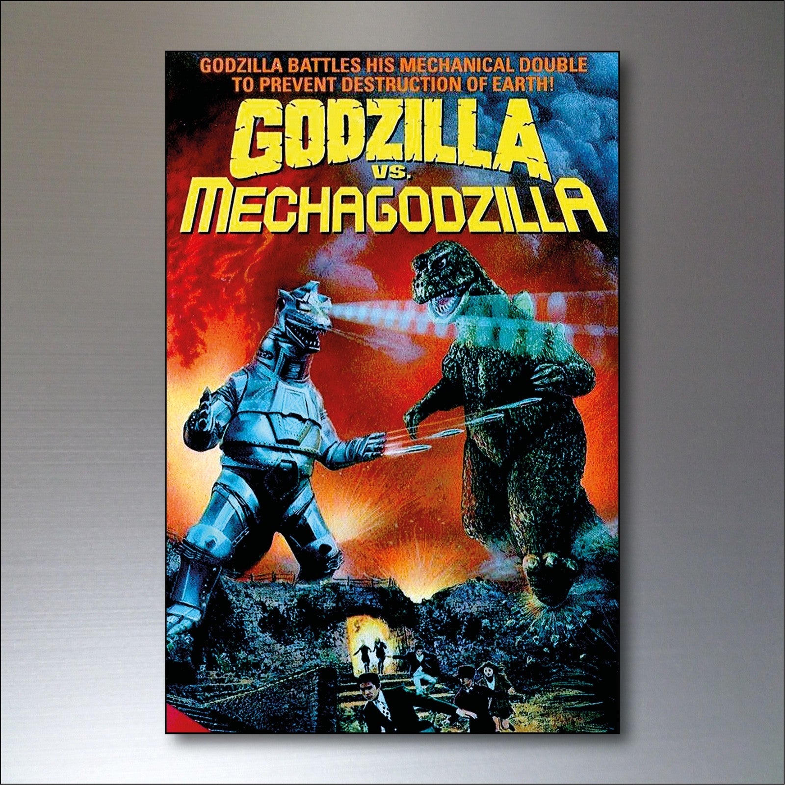 Set of 8 vintage Godzilla film poster fridge magnets featuring colorful images of classic monster scenes and characters.