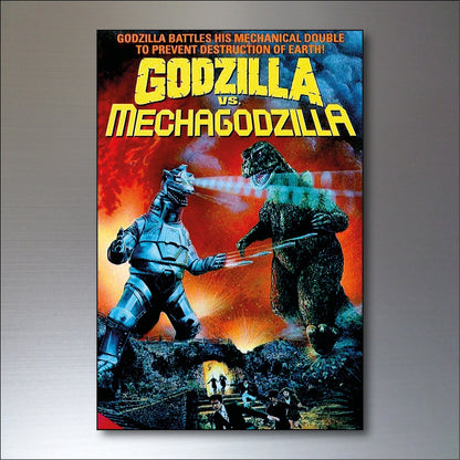 Set of 8 vintage Godzilla film poster fridge magnets featuring colorful images of classic monster scenes and characters.