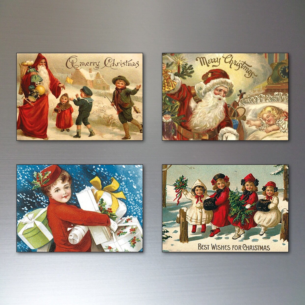 Christmas fridge magnets featuring 8 vintage Victorian Christmas scenes, traditional holiday decor and festive Victorian artwork.