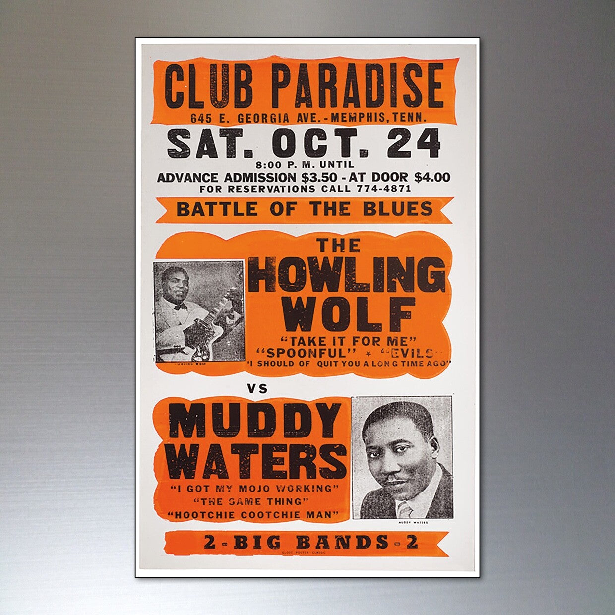 Set of 8 vintage 1960s-70s blues and soul music posters fridge magnets featuring retro musical artwork and bold colors.