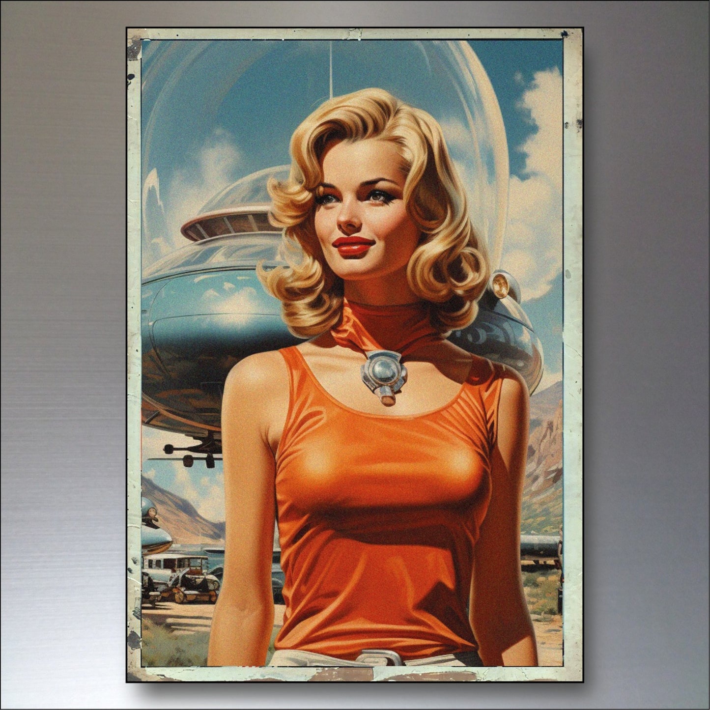 Set of six vintage retro sci-fi fridge magnets featuring classic science fiction artwork, unbranded large magnet collection.