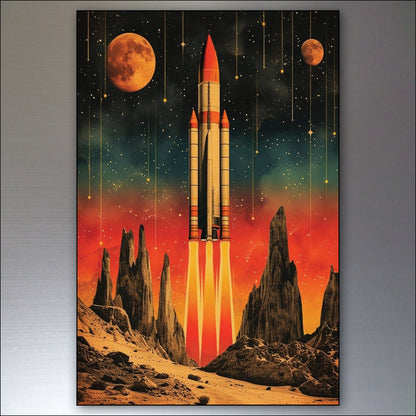 Set of six vintage sci-fi novel fridge magnets with retro artwork, featuring colorful space and futuristic designs.