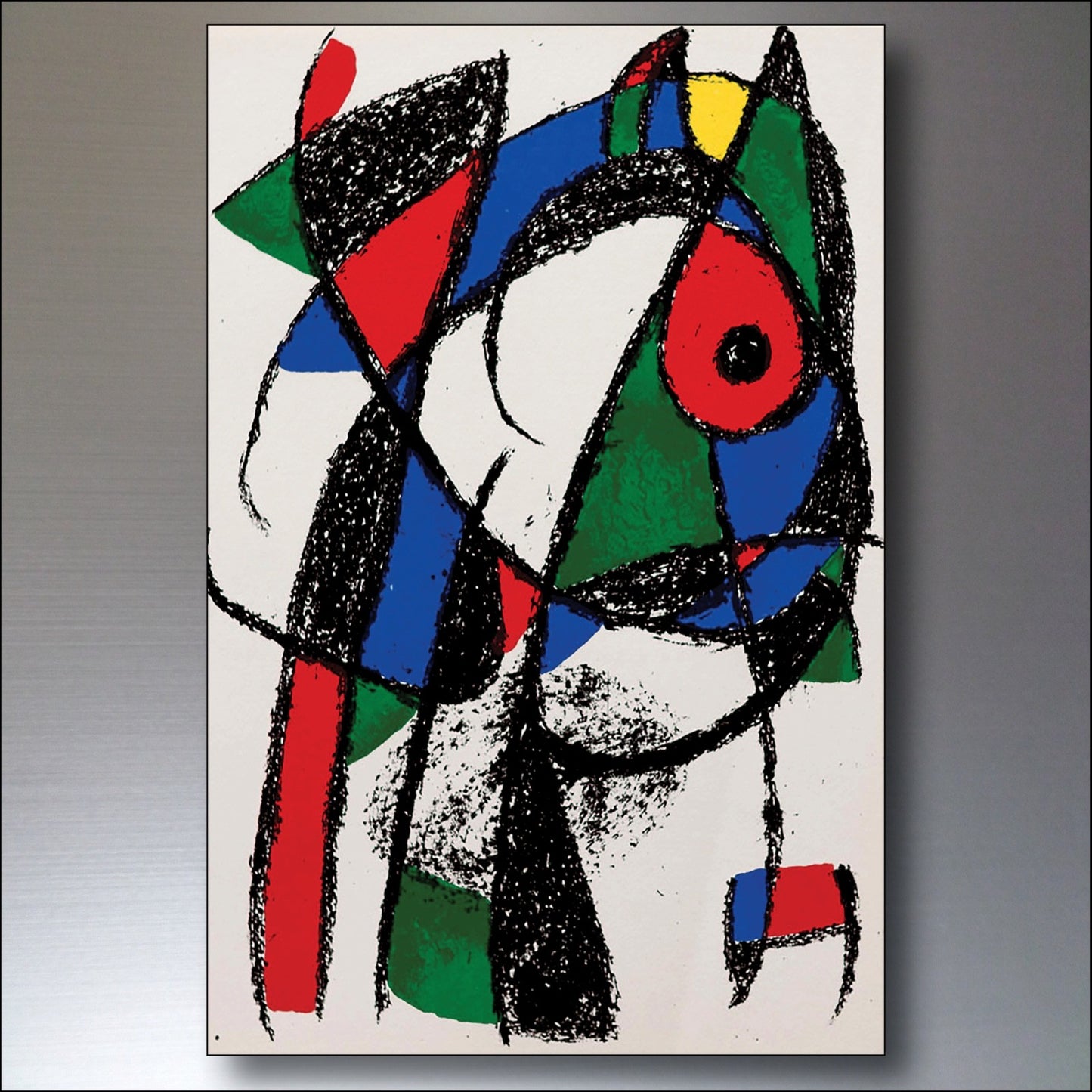 Set of 8 vintage Joan Miró fridge magnets featuring surrealist Spanish art designs, perfect for decorative kitchen accessories.