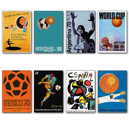 Set of 8 football World Cup fridge magnets featuring vintage posters from 1954 to 1982, unbranded collectible magnet set.