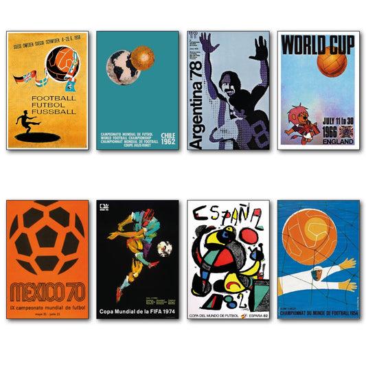 Set of 8 football World Cup fridge magnets featuring vintage posters from 1954 to 1982, unbranded collectible magnet set.