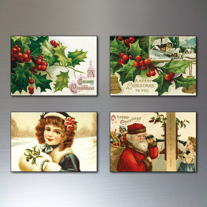 Christmas fridge magnets featuring vintage Victorian Christmas scenes, including traditional holiday illustrations and festive decorations.
