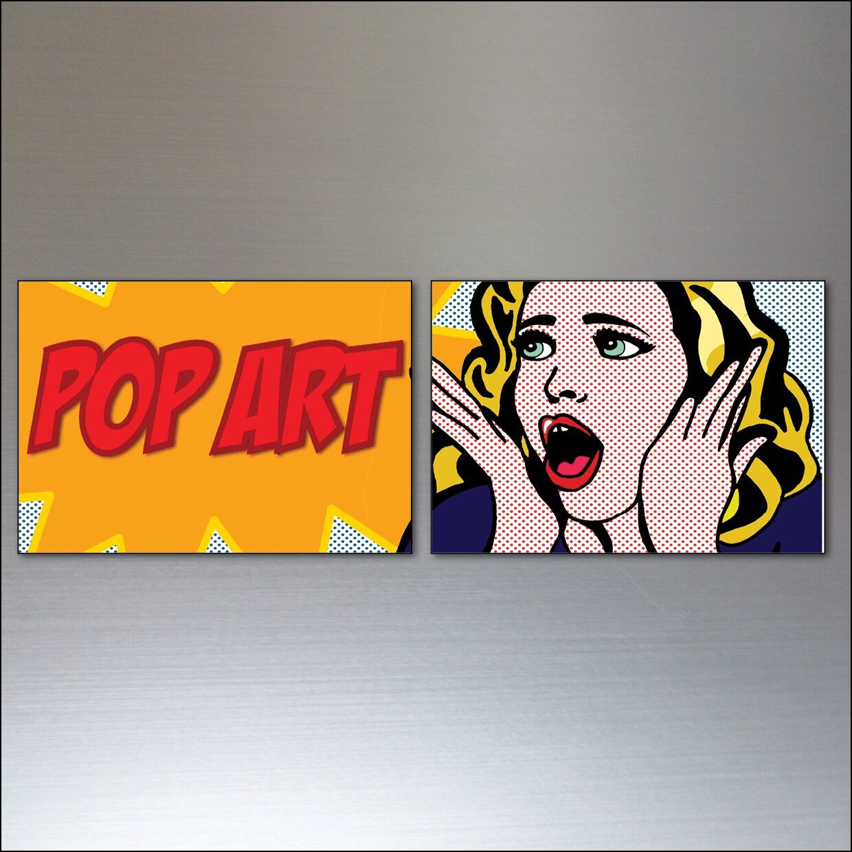 Set of 8 vintage retro pop art fridge magnets featuring colorful, comic-style designs inspired by Roy Lichtenstein artwork.