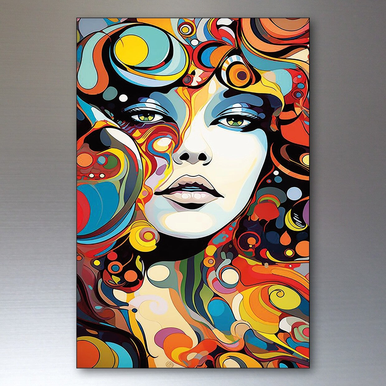 Rock psychedelic kaleidoscope rainbow fridge magnets set of 8 displayed on a refrigerator door