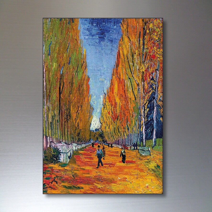 Set of 8 Vincent van Gogh painting fridge magnets, featuring colorful artwork, displayed on a refrigerator door.