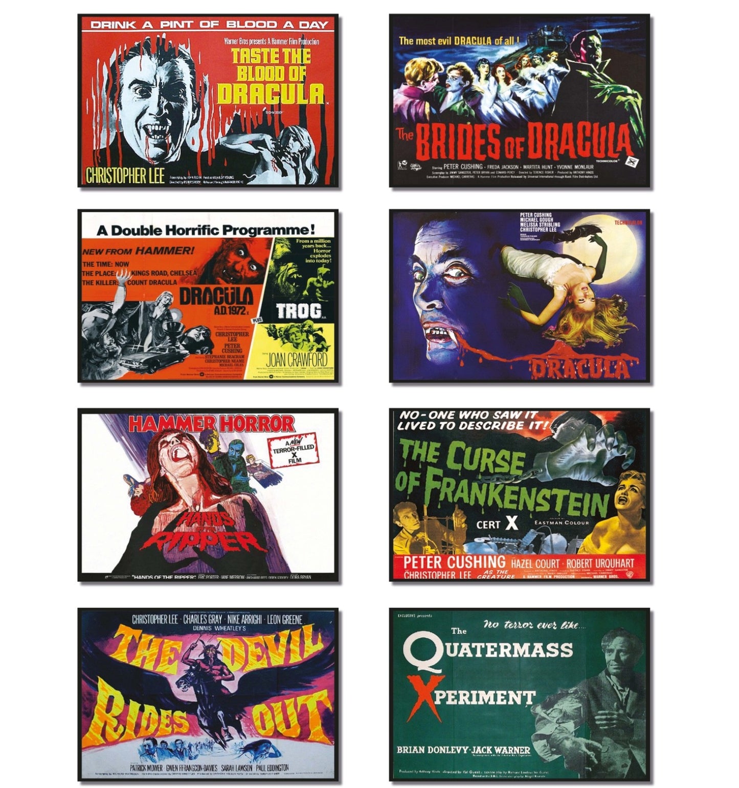 Set of 8 Vintage Hammer Horror movie poster fridge magnets, featuring classic horror scenes and artwork, unbranded collectible magnets.