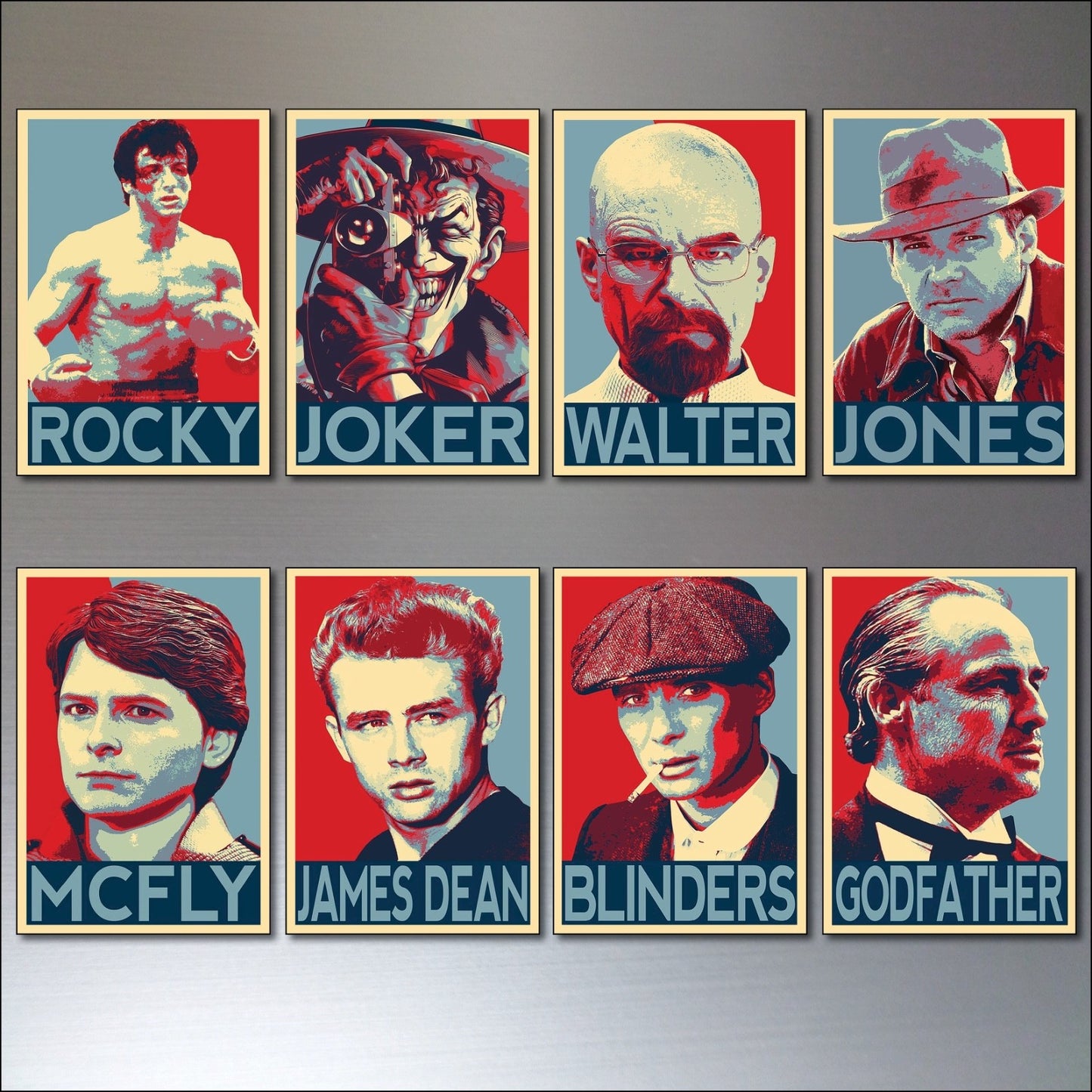 Set of 8 vintage film poster fridge magnets by Icons featuring stylized movie icons and classic film iconography.