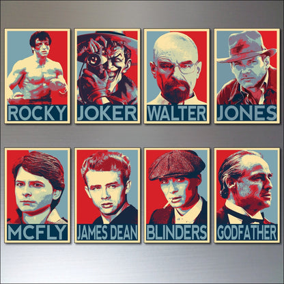 Set of 8 vintage film poster fridge magnets by Icons featuring stylized movie icons and classic film iconography.