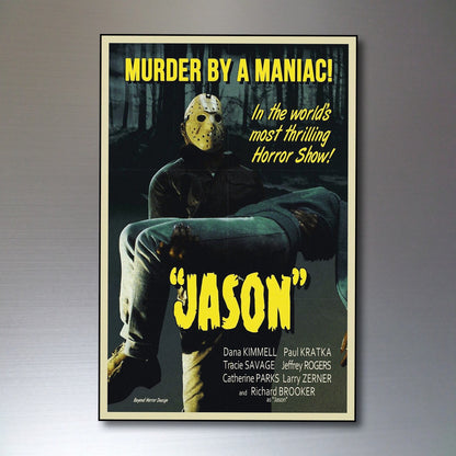 Set of 8 vintage horror film movie poster fridge magnets, featuring classic horror movie artwork and designs.
