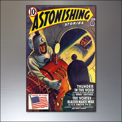 Set of 8 vintage retro sci-fi comic cover fridge magnets featuring colorful science fiction illustrations and flexible magnet backing.