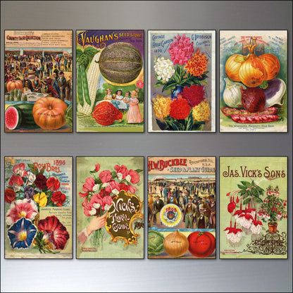 Set of 8 vintage botanical seed packet fridge magnets by bvdb featuring detailed plant illustrations and horticultural designs.
