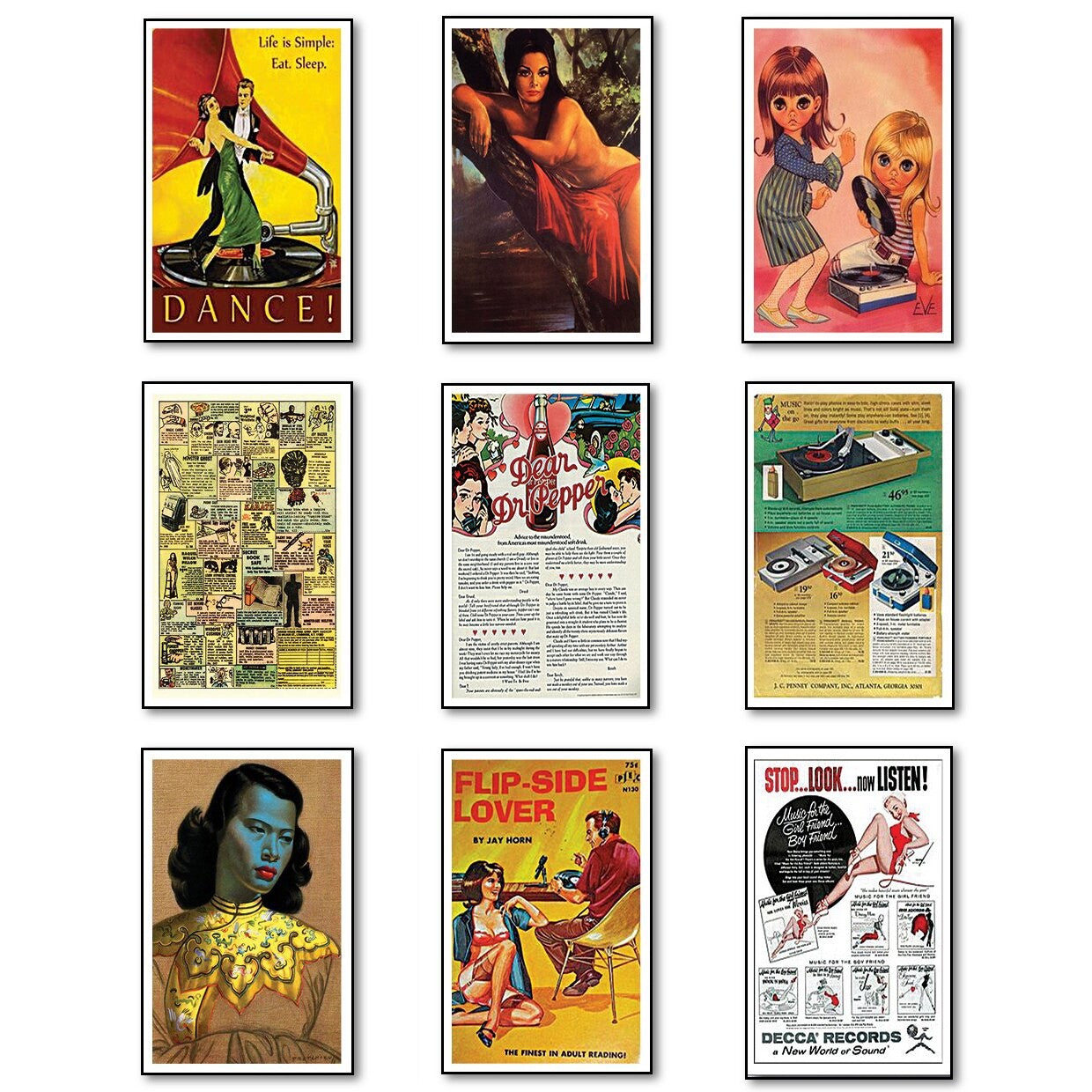 Set of 9 Kitsch vintage retro fridge magnets featuring shabby chic pop poster designs on metal surfaces.