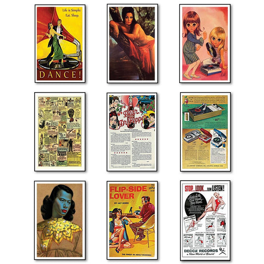 Set of 9 Kitsch vintage retro fridge magnets featuring shabby chic pop poster designs on metal surfaces.