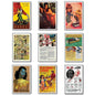 Set of 9 Kitsch vintage retro fridge magnets featuring shabby chic pop poster designs on metal surfaces.