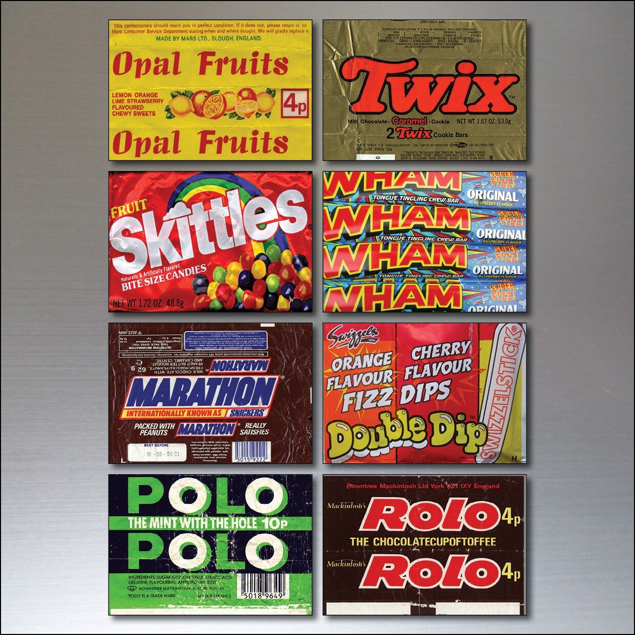 Set of 8 vintage 1970s and 80s Nostalgic Sweet wrapper fridge magnets showcasing colorful retro candy packaging.