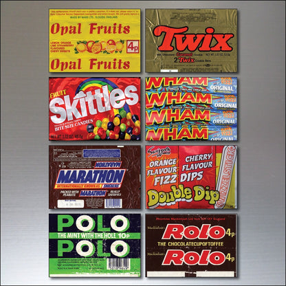 Set of 8 vintage 1970s and 80s Nostalgic Sweet wrapper fridge magnets showcasing colorful retro candy packaging.