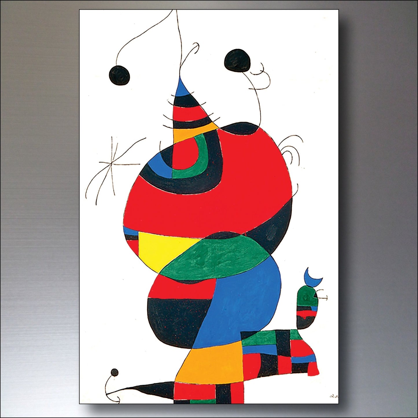 Set of 8 vintage Joan Miró fridge magnets featuring surrealist Spanish art with colorful abstract designs.