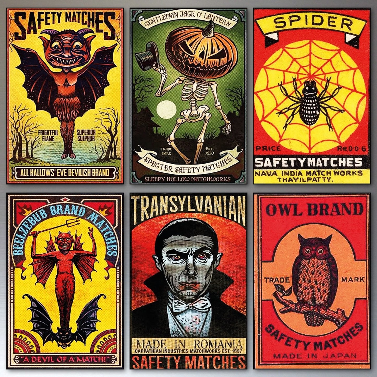 Set of six vintage Halloween fridge magnets featuring horror comic covers, spooky and detailed magnet collection.