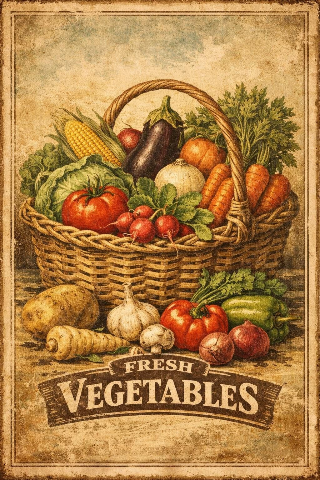 Set of six vintage farm foods and produce fridge magnets, large flexible magnet set with colorful farm-themed designs.