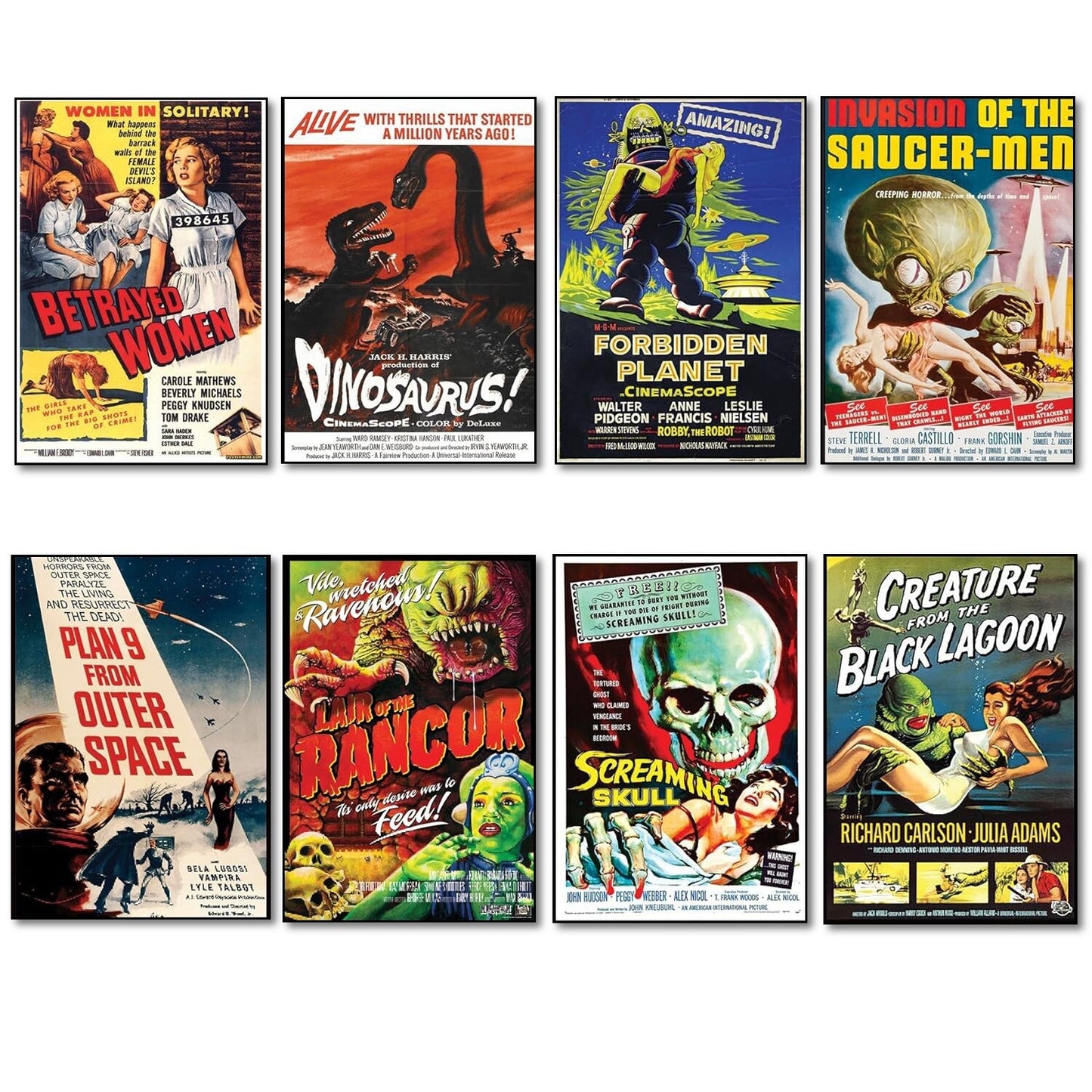 Set of 8 classic B movie film poster fridge magnets, large decorative fridge magnets featuring vintage sci-fi and horror poster designs.