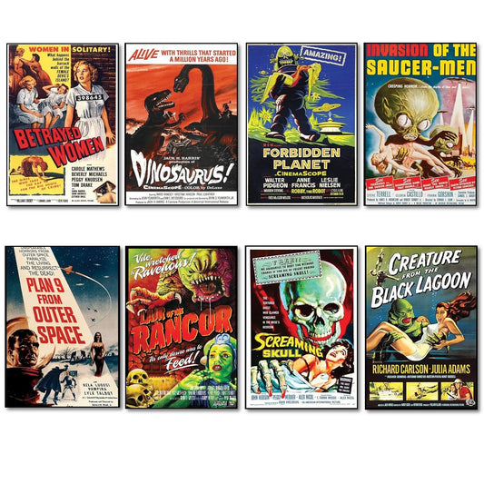 Set of 8 classic B movie film poster fridge magnets, large decorative fridge magnets featuring vintage sci-fi and horror poster designs.