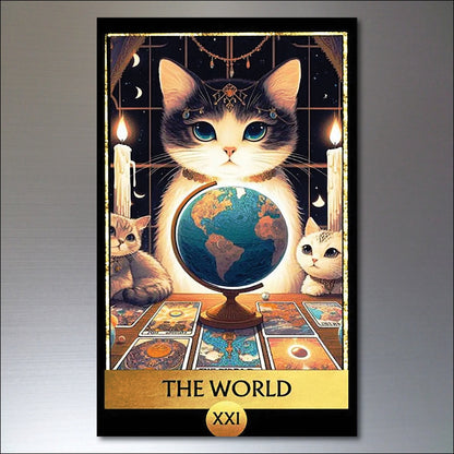 Set of 8 vintage tarot cat retro fridge magnets featuring mystical feline art, perfect for decorating refrigerators and magnetic surfaces.