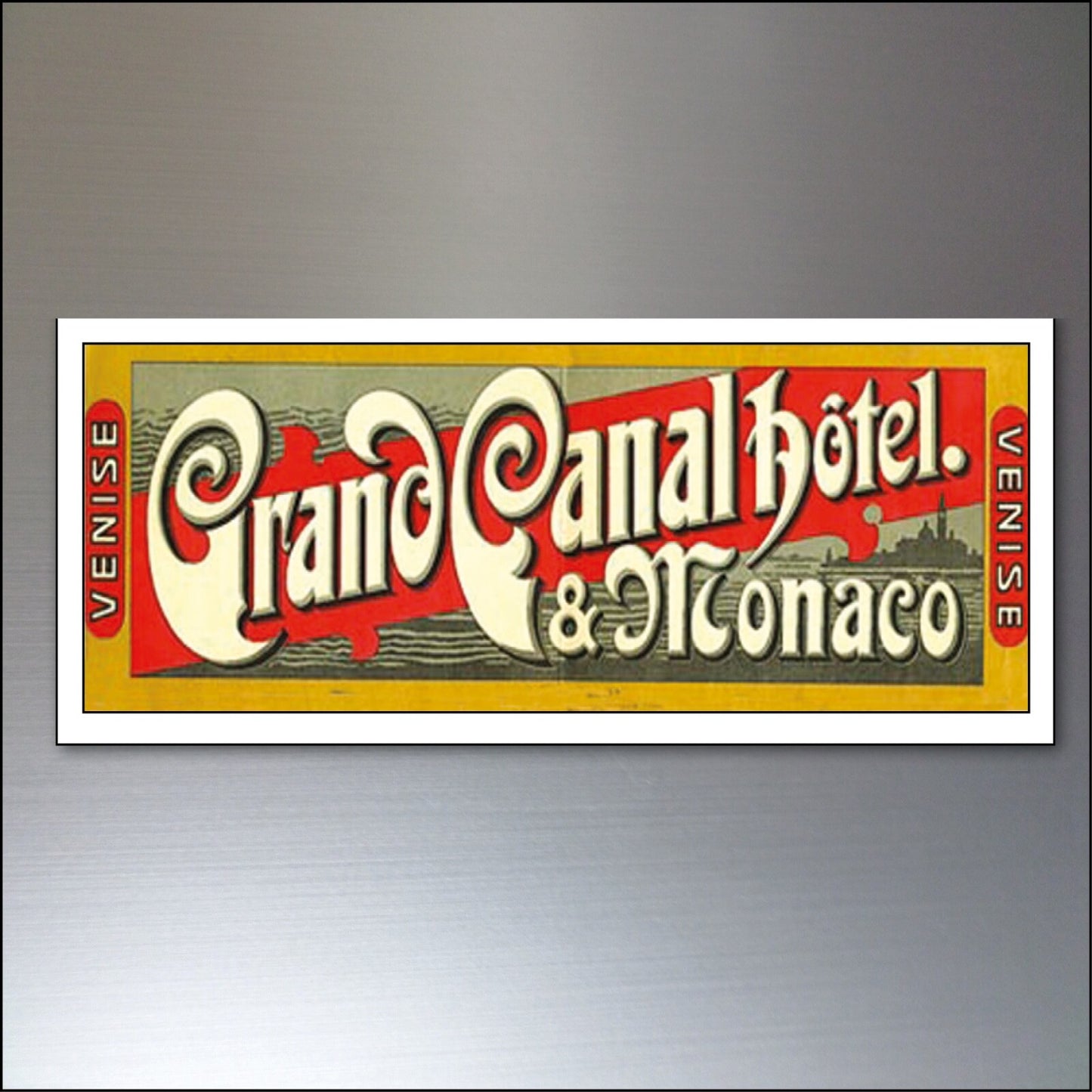Set of 9 vintage luggage label fridge magnets featuring Atlantic steamer trunk design, ideal for travel-themed kitchen decor.