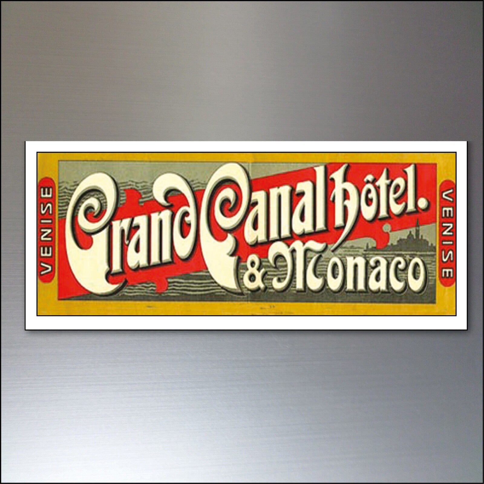 Set of 9 vintage luggage label fridge magnets featuring Atlantic steamer trunk design, ideal for travel-themed kitchen decor.