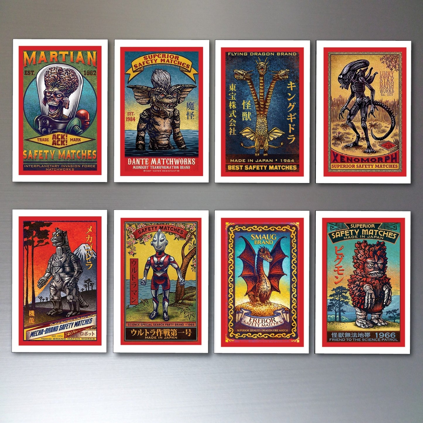 Set of 8 vintage Japanese anime art fridge magnets featuring retro anime characters and designs.
