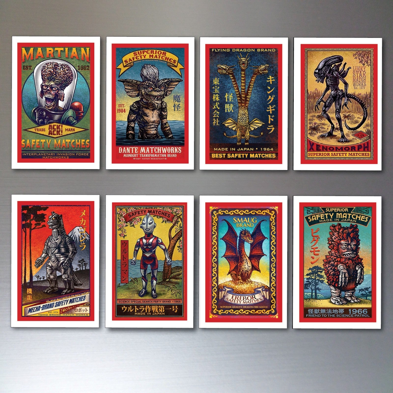 Set of 8 vintage Japanese anime art fridge magnets featuring retro anime characters and designs.