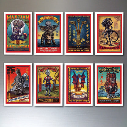 Set of 8 vintage Japanese anime art fridge magnets featuring retro anime characters and designs.
