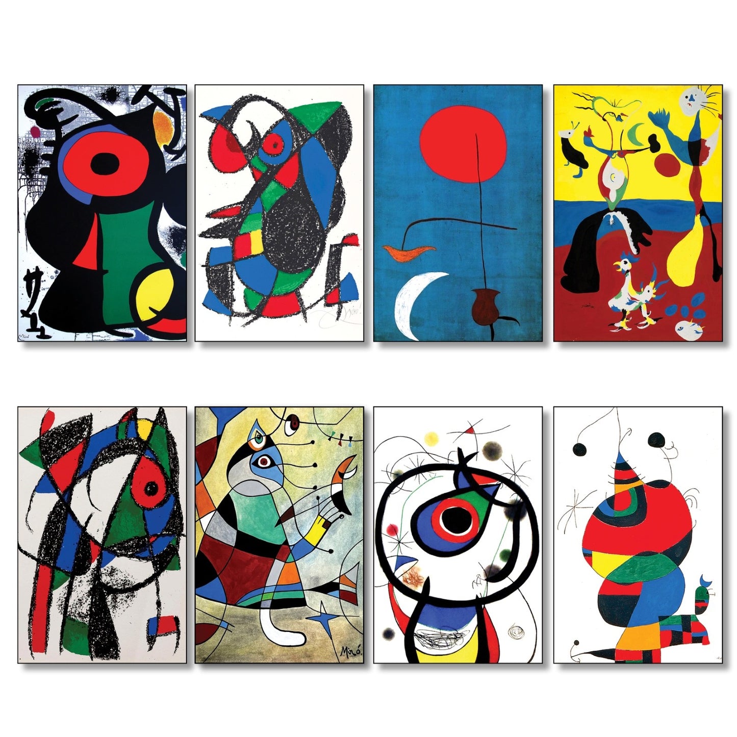 Set of 8 vintage Joan Miró fridge magnets featuring surrealist Spanish art, showcasing colorful abstract paintings.