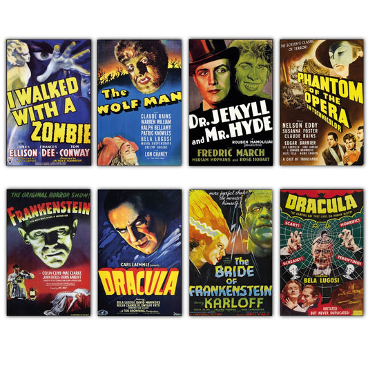 Set of 8 vintage horror movie poster fridge magnets, featuring classic horror film designs, perfect for decorating your refrigerator.