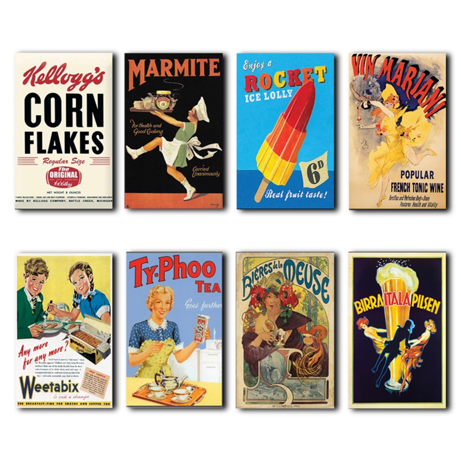 Set of 8 vintage fridge magnets featuring Meat Free vegetarian adverts and retro posters, unbranded kitchen decor accessories.