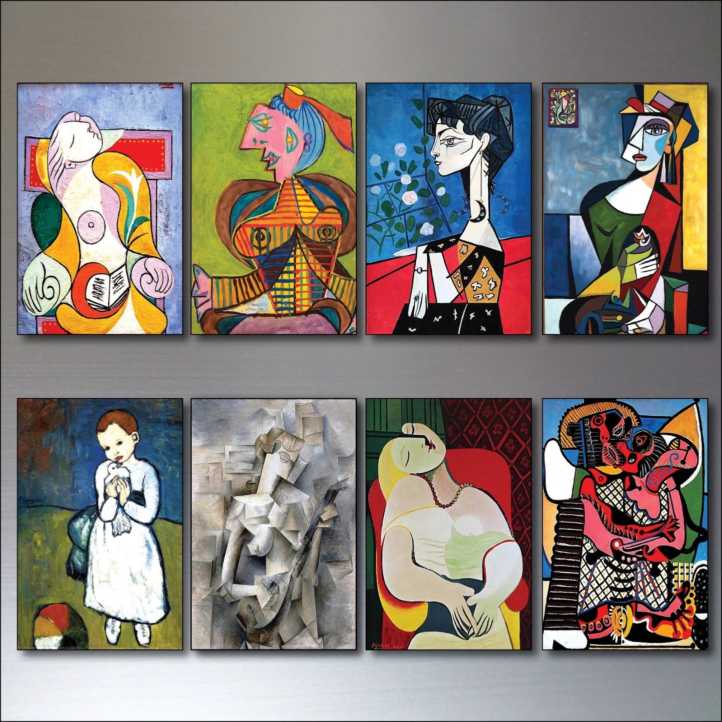 Set of 8 vintage Picasso surrealism fridge magnets featuring Spanish art designs, designed by Surralalist.