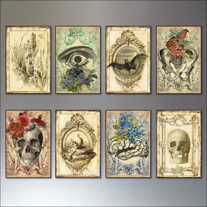 Vintage Halloween fridge magnets set featuring gothic skulls, bats, birds, roses, and decorative spooky motifs.
