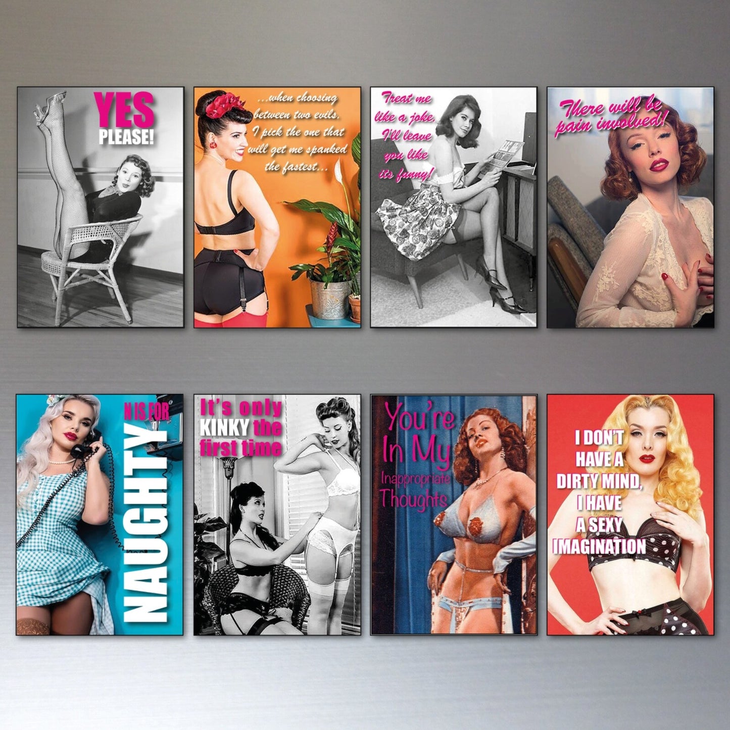 Set of 8 vintage pin-up girl fridge magnets featuring colorful retro illustrations, ideal for decorating refrigerators.