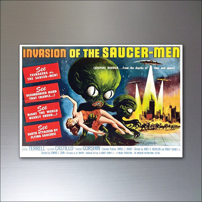 Set of 8 classic B movie film poster fridge magnets, featuring colorful, flexible magnet designs for refrigerator decoration.